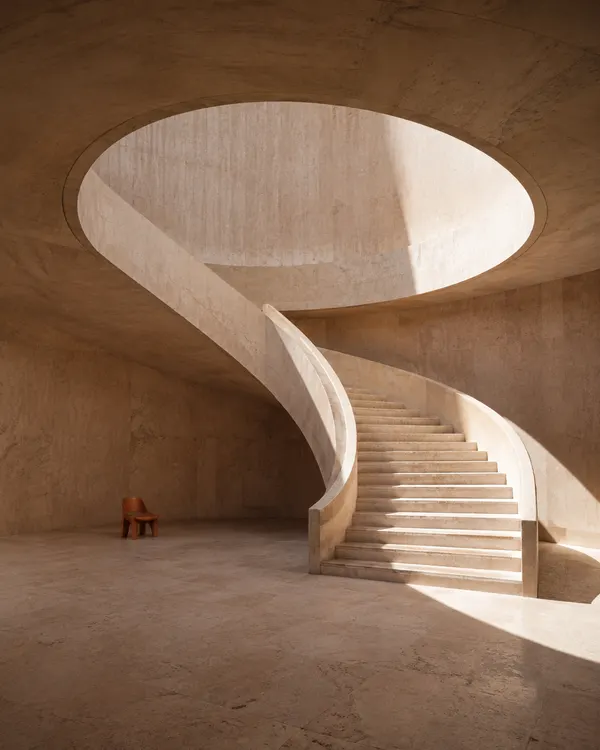 Sculptural sandstone staircase beneath a circular skylight
