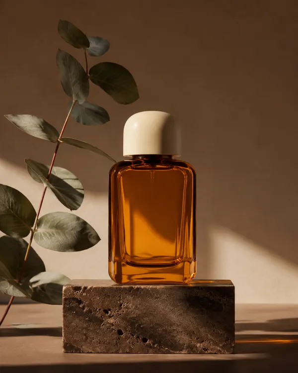 Amber perfume bottle on a stone plinth beside olive branches